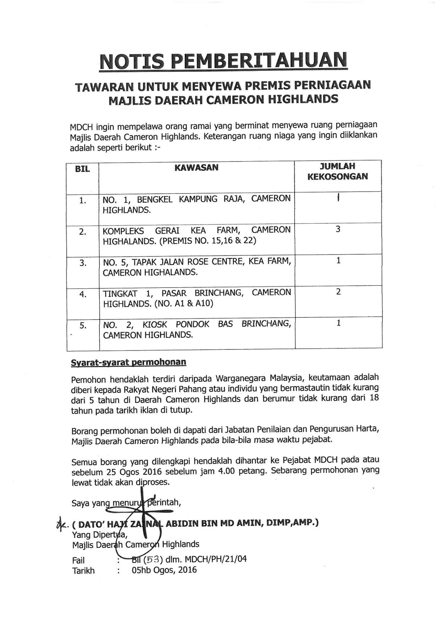 Notis Pemberitahuan Tawaran Untuk Menyewa Permis Perniagaan Majlis Daerah Cameron Highlands Portal Rasmi Majlis Daerah Cameron Highlands Mdch