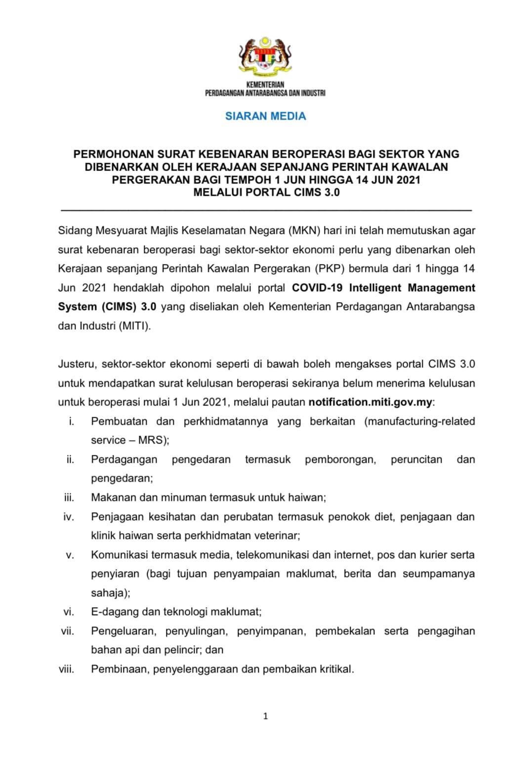 PERMOHONAN SURAT KEBENARAN BEROPERASI BAGI SEKTOR YANG DIBENARKAN OLEH KERAJAAN SEPANJANG PERINTAH KAWALAN PERGERAKAN BAGI TEMPOH 1 JUN HINGGA 14 JUN 2021 MELALUI PORTAL CIMS 3.0 