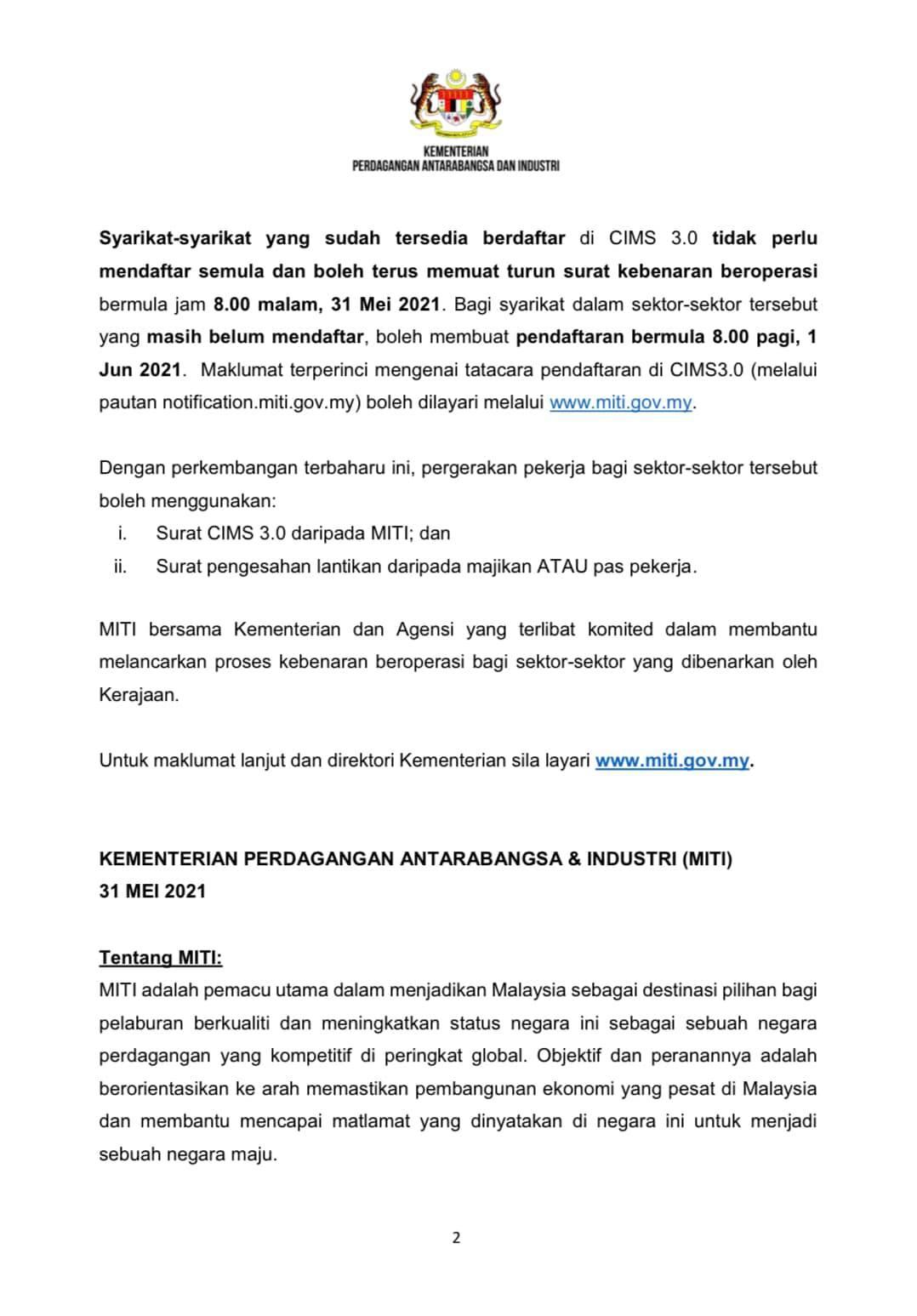 PERMOHONAN SURAT KEBENARAN BEROPERASI BAGI SEKTOR YANG DIBENARKAN OLEH KERAJAAN SEPANJANG PERINTAH KAWALAN PERGERAKAN BAGI TEMPOH 1 JUN HINGGA 14 JUN 2021 MELALUI PORTAL CIMS 3.0 