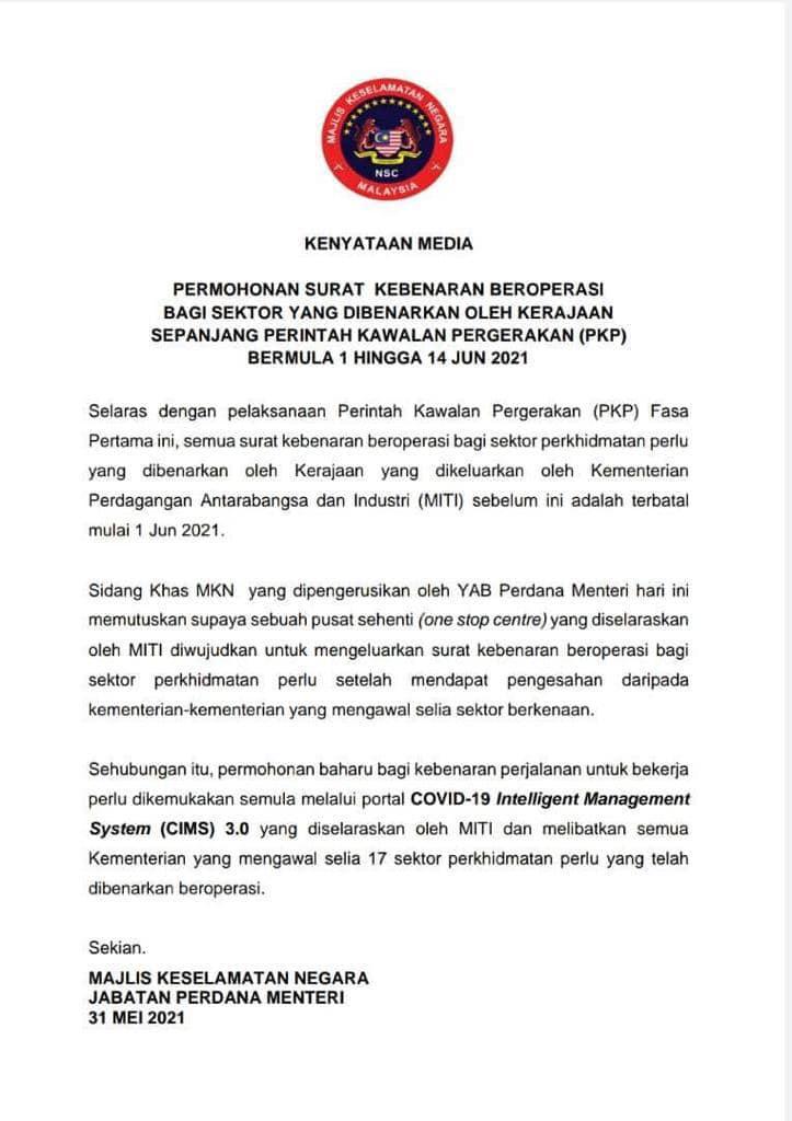 PERMOHONAN SURAT KEBENARAN BEROPERASI BAGI SEKTOR YANG DIBENARKAN OLEH KERAJAAN SEPANJANG PERINTAH KAWALAN PERGERAKAN BAGI TEMPOH 1 JUN HINGGA 14 JUN 2021 MELALUI PORTAL CIMS 3.0 