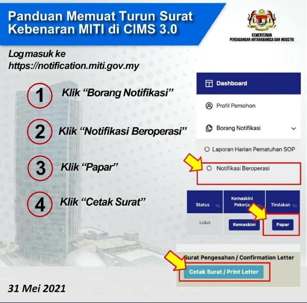 PERMOHONAN SURAT KEBENARAN BEROPERASI BAGI SEKTOR YANG DIBENARKAN OLEH KERAJAAN SEPANJANG PERINTAH KAWALAN PERGERAKAN BAGI TEMPOH 1 JUN HINGGA 14 JUN 2021 MELALUI PORTAL CIMS 3.0 