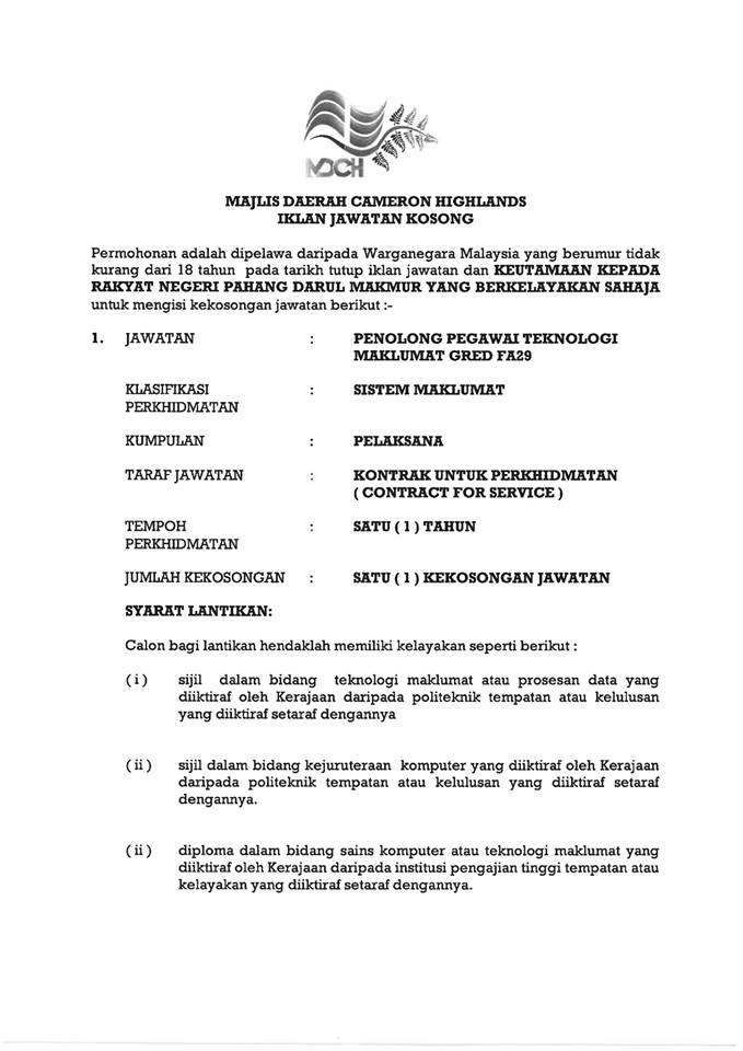 Iklan Jawatan Kosong Di Majlis Daerah Cameron Highlands Portal Rasmi Majlis Daerah Cameron Highlands Mdch