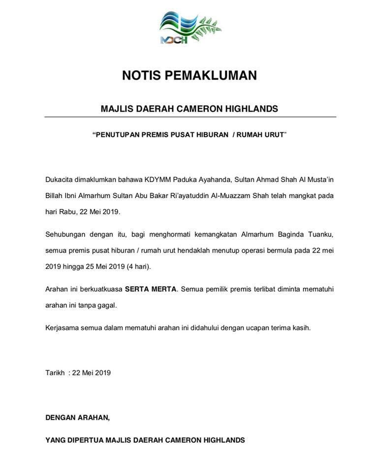 Notis Pemakluman Penutupan Premis Pusat Hiburan Rumah Urut Portal Rasmi Majlis Daerah Cameron Highlands Mdch
