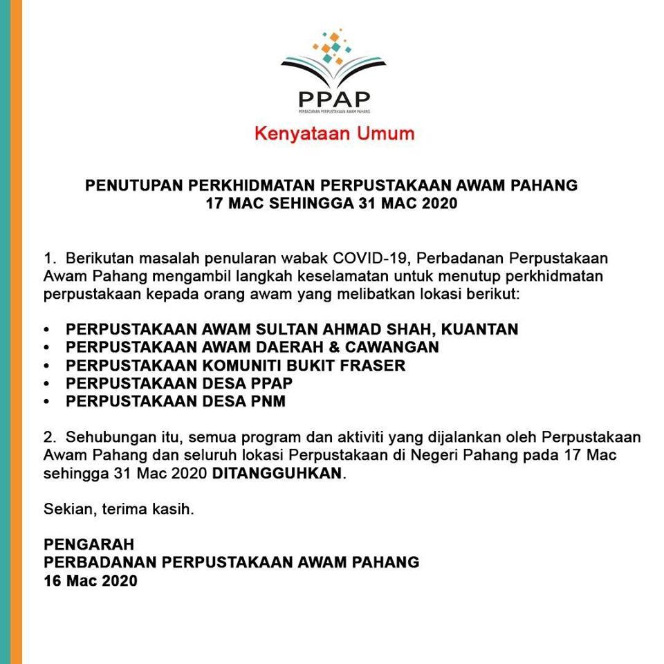 Penutupan Perkhidmatan Perpustakaan Awam Pahang Portal Rasmi Majlis Daerah Cameron Highlands Mdch