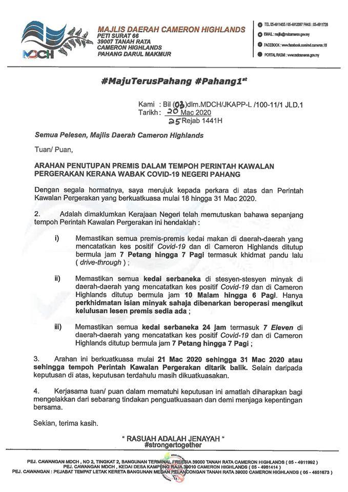 Notis Pemakluman Penutupan Premis Perniagaan Bagi Mencegah Penularan Wabak Covid 19 Official Portal Of Cameron Highlands District Council Mdch