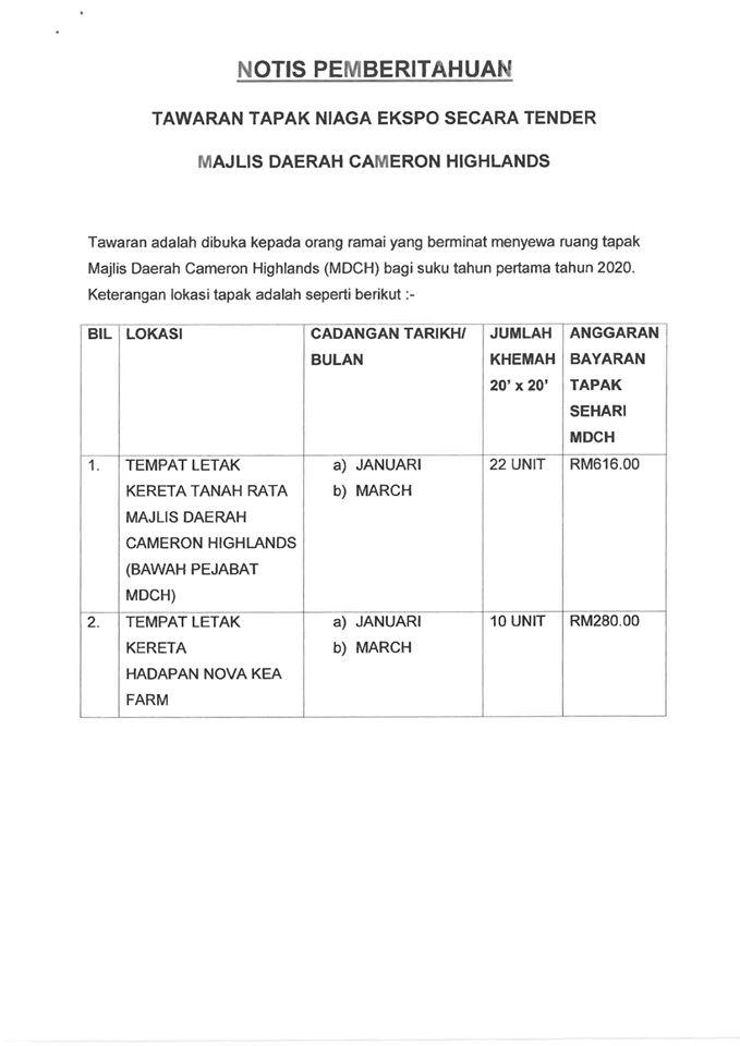 TAWARAN TAPAK NIAGA EKSPO SECARA TENDER MAJLIS DAERAH CAMERON HIGHLANDS