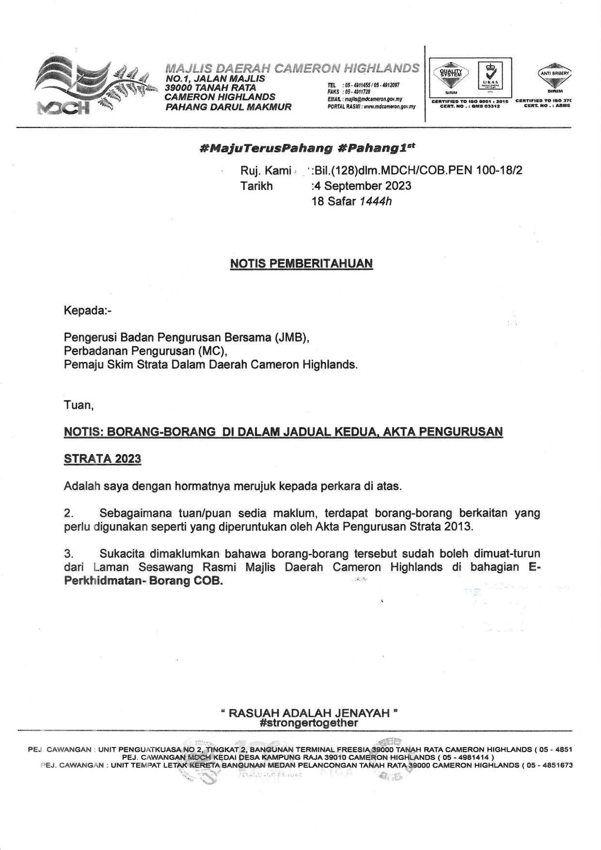 NOTIS : BORANG-BORANG DI DALAM JADUAL KEDUA, AKTA PENGURUSAN STRATA 2023