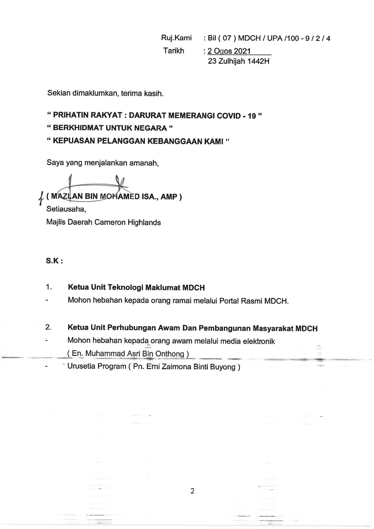 PROGRAM HARI BERSAMA PELANGGAN MAJLIS DAERAH CAMERON HIGHLANDS KALI KETUJUH TAHUN 2021 SECARA DALAM TALIAN (ONLINE)