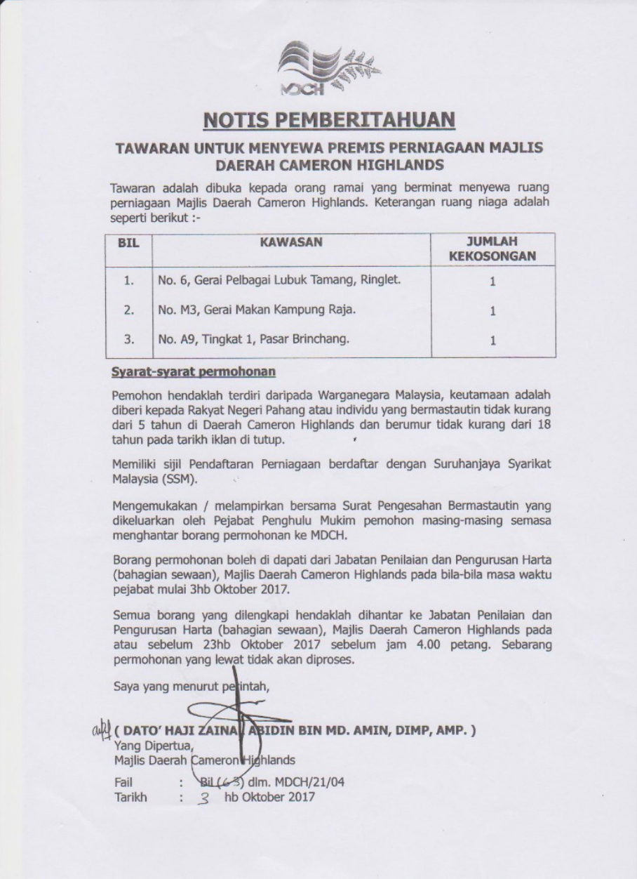 Tawaran Untuk Menyewa Premis Perniagaan Majlis Daerah Cameron Highlands Official Portal Of Cameron Highlands District Council Mdch