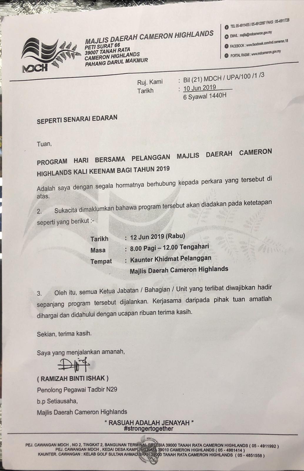 Program Hari Bersama Pelanggan Majlis Daerah Cameron Highlands Kali Ke 6 Bagi Tahun 2019 Portal Rasmi Majlis Daerah Cameron Highlands Mdch